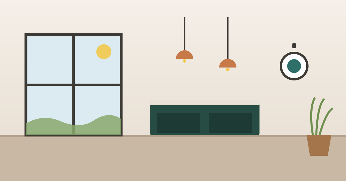 Illustration of a modern Minnesota interior: prairie-view window, concealed kitchen island, pendant lighting, smart thermostat, and native grasses