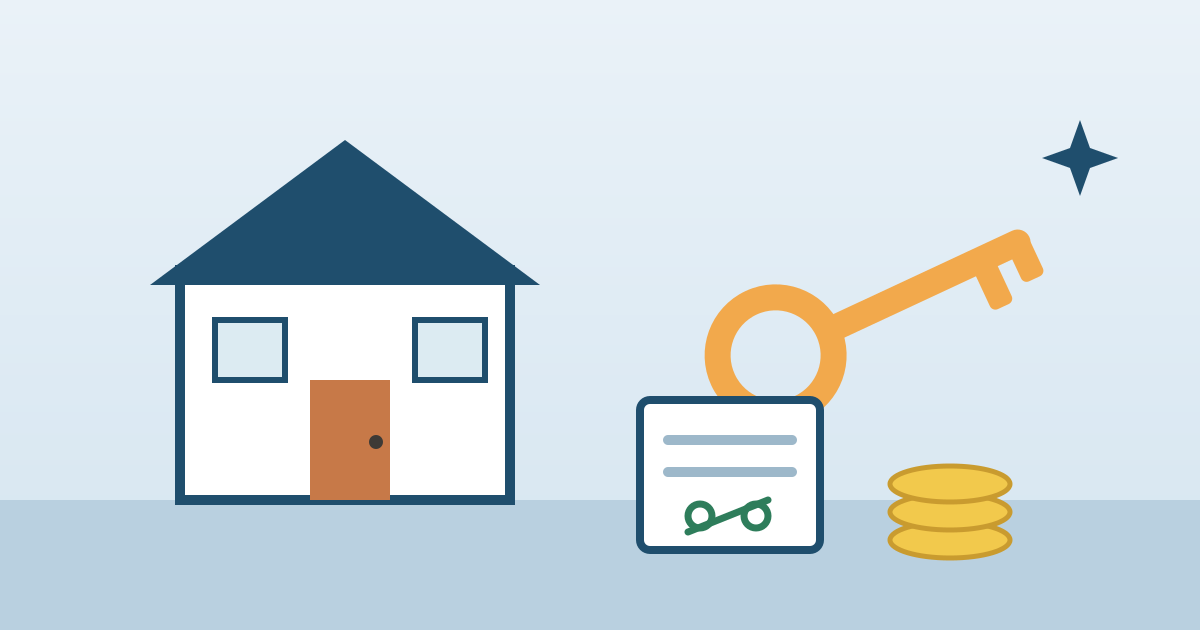 Illustration of a house with an oversized key, a loan document, and a stack of coins — Minnesota Housing homeownership programs