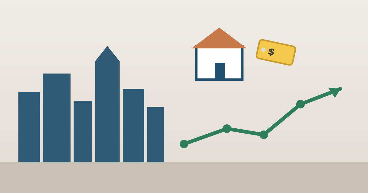 Illustration of the Minneapolis skyline with a rising price trend line and a house with a price tag — Twin Cities real estate market