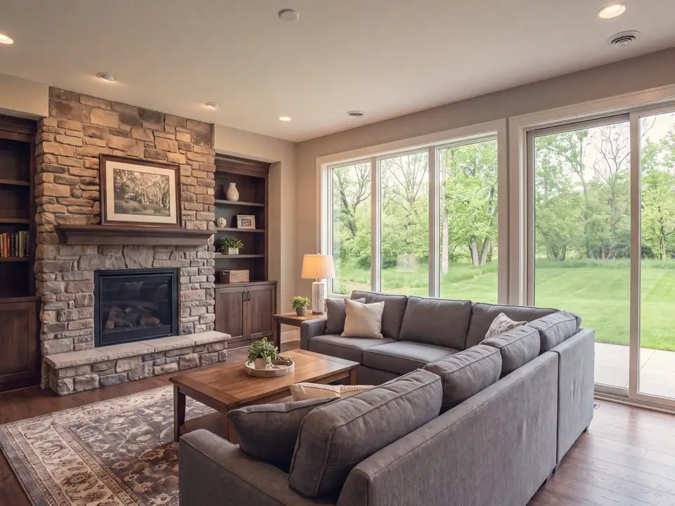 A finished walkout lower level with a stone fireplace, built-ins and windows to the yard