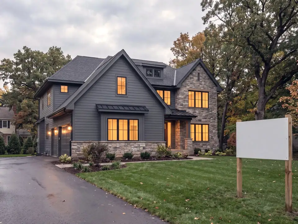 A finished custom home at dusk with a blank builder’s sign staked in the new front lawn