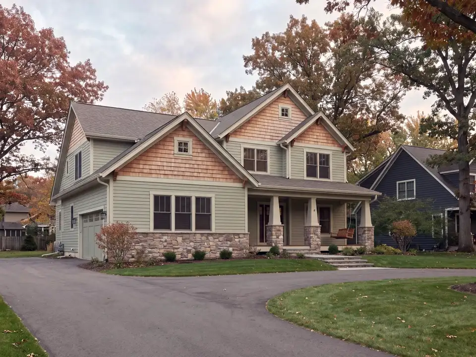 A new two-storey craftsman home with a stone base and painted shingles under autumn maples