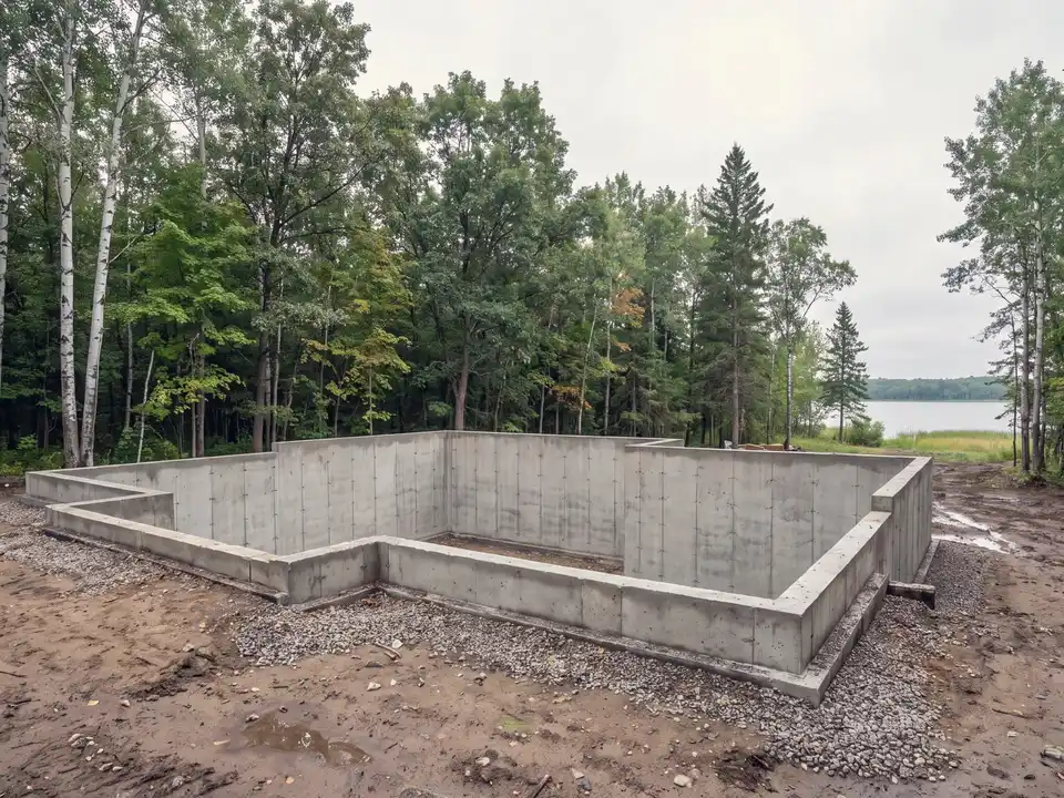 Poured basement foundation walls on a wooded lot