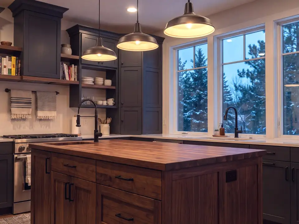 A kitchen of dark cabinets with a walnut island and black fixtures