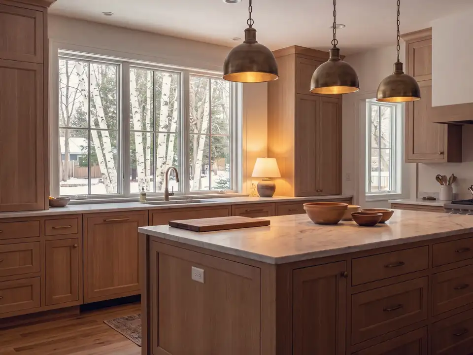 A white-oak kitchen with a marble island under brass pendants beside a big window