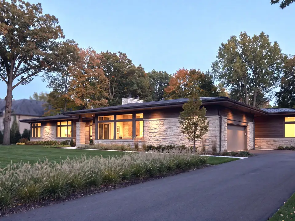 A low modern prairie-style home of limestone and dark wood among oaks at blue hour