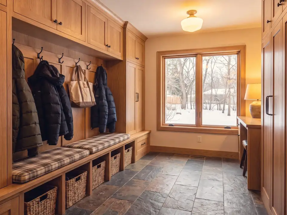 A mudroom of white-oak lockers and a bench over a slate floor