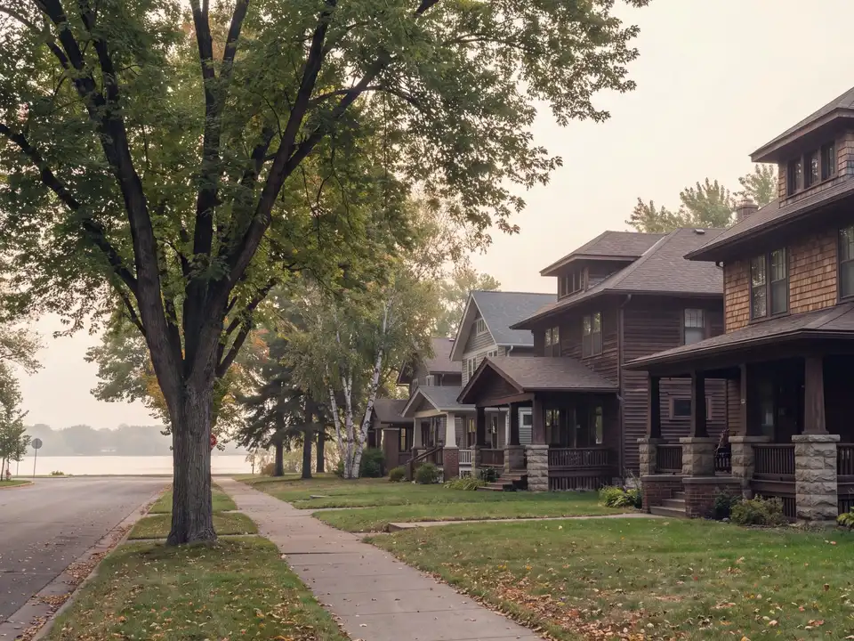 A block of 1920s craftsman homes behind boulevard trees on a morning sidewalk