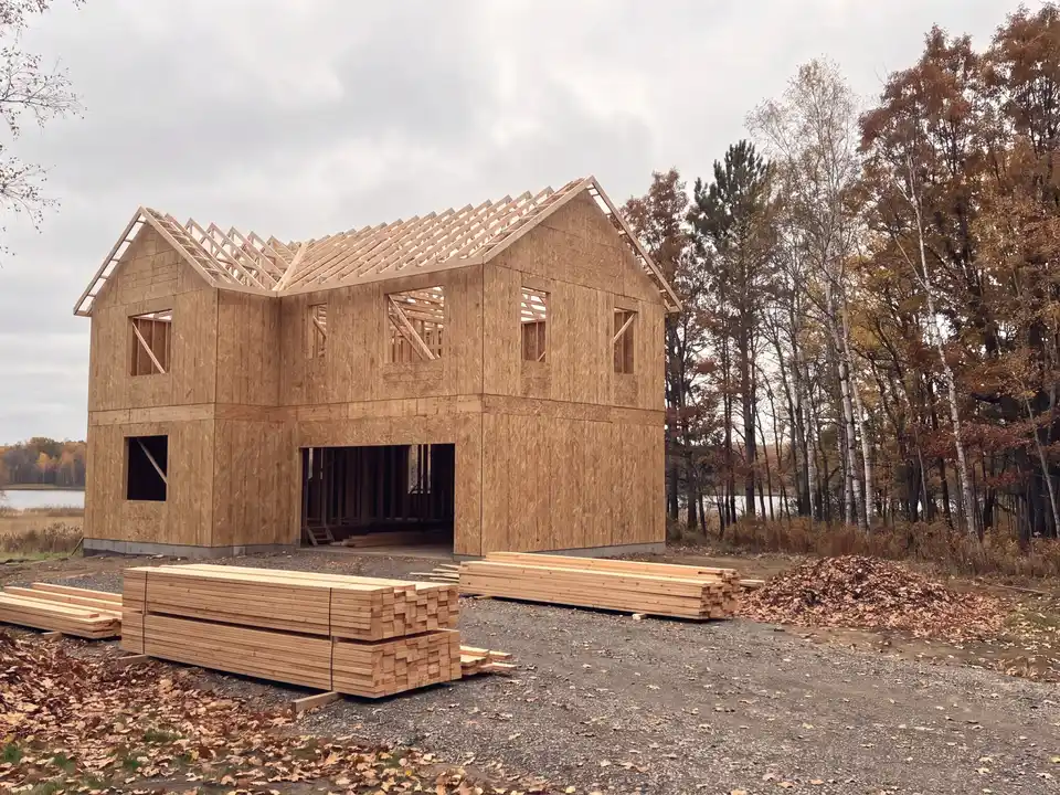 A new two-storey house fully framed and sheathed in autumn