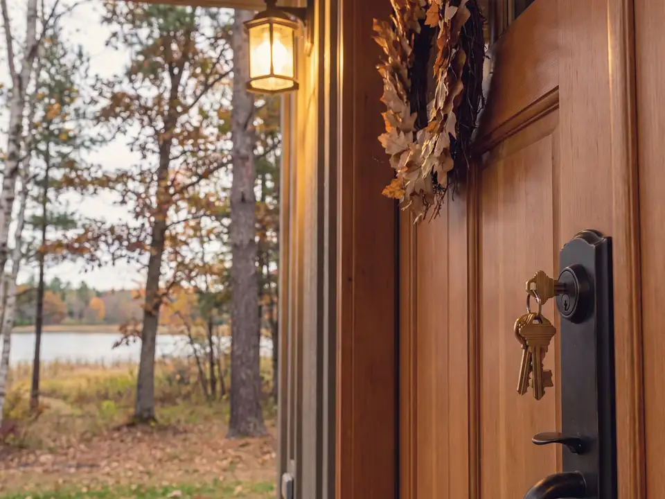 Keys in the front door of a new home, an autumn wreath above