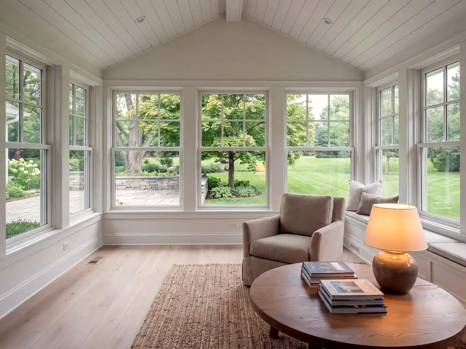A bright vaulted sunroom addition looking onto a garden