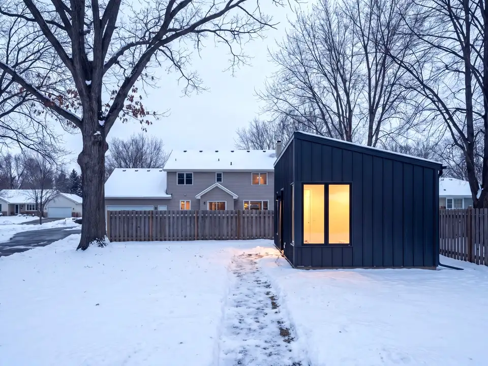 A small modern backyard cottage behind a suburban house in snow at dusk
