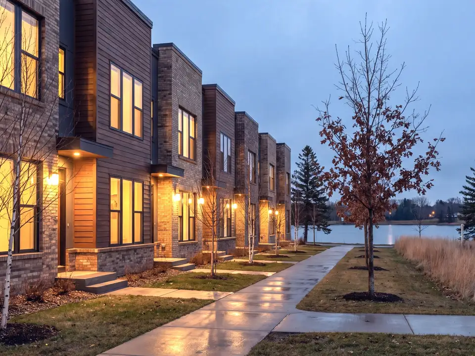 A row of upscale brick and siding townhomes at dusk, their windows warm