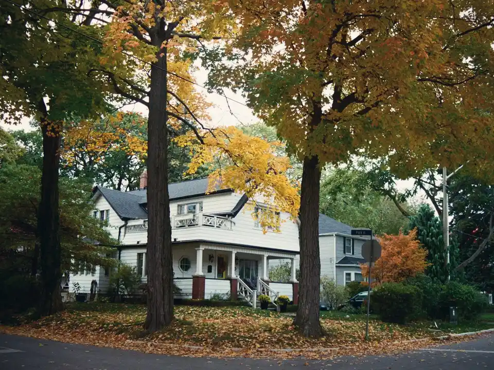 A white craftsman-style house under autumn maples